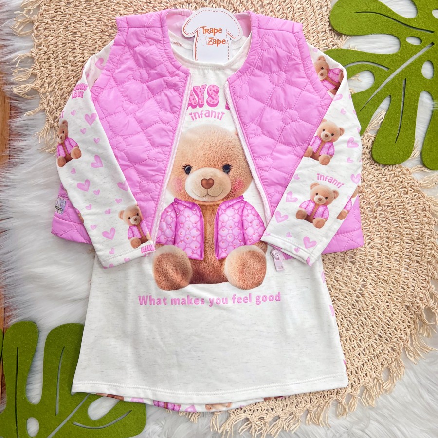 Conj. Colete Puffer Corações  e Vestido Ursinha Always Love - Rosa e Areia